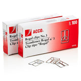 Acco Regal Paper Clips No 3, 100/Box, Silver, 2/Pack (ACC72152)
